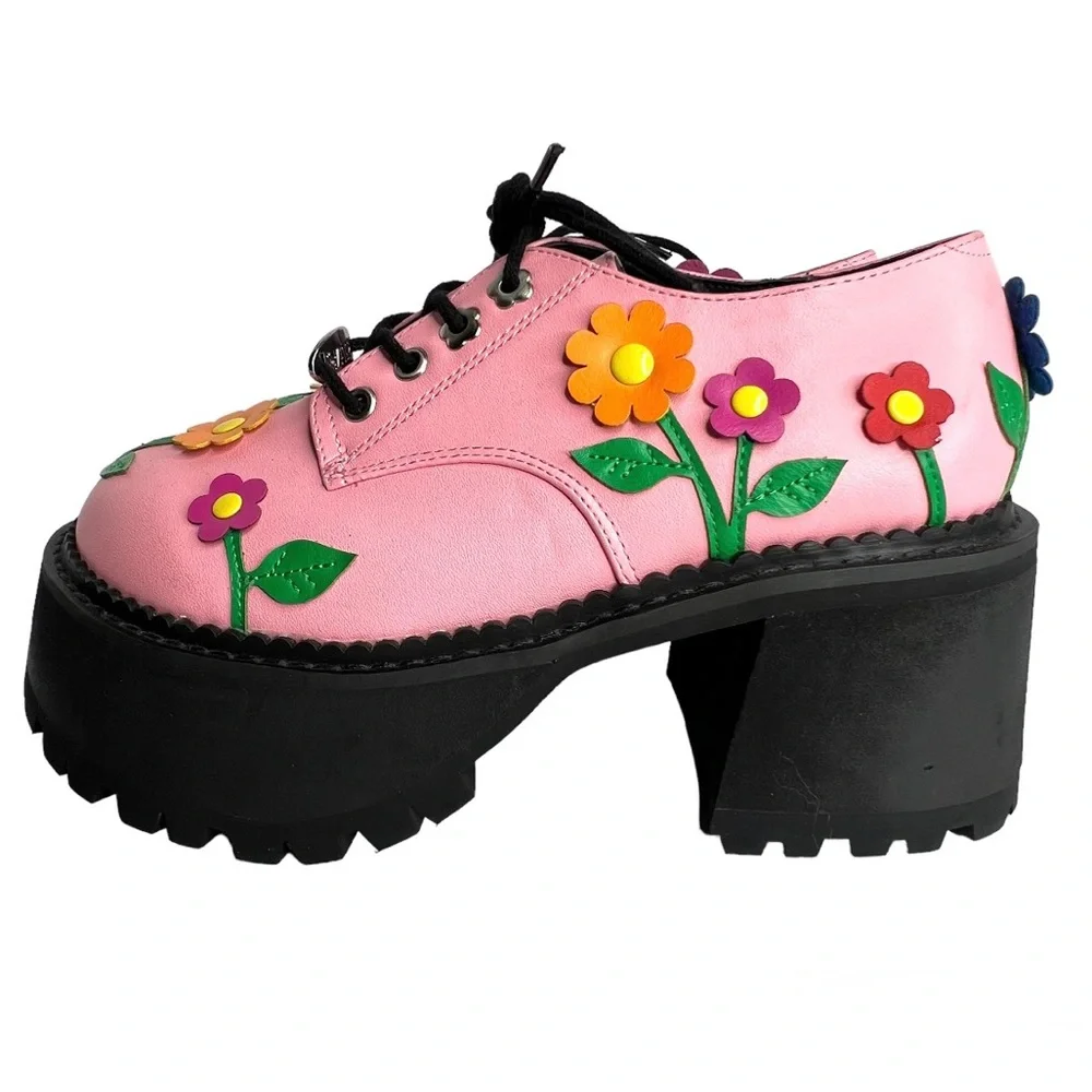 Delia’s Platform Shoes Pink Floral Flower Chunky Lace Up Size 5 Faux Leather